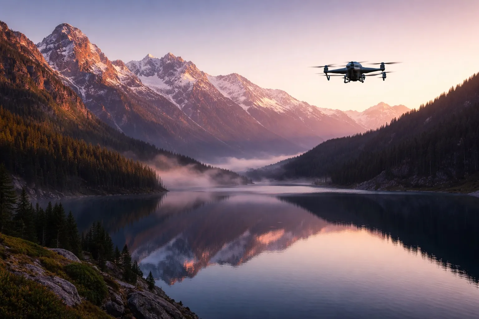 Professional drone flying over mountains